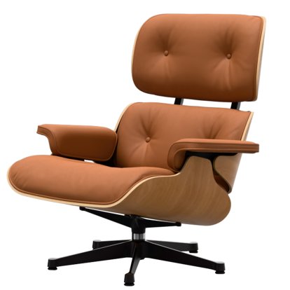 Eames Lounge Chair, Cerisier naturel, Cuir Premium F cognac, 89 cm, Aluminium poli, côtés noirs