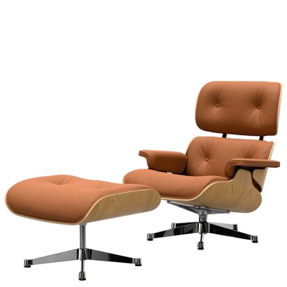 Eames Lounge Chair & Ottoman, Châtaignier naturel, Cuir Premium F cognac, 89 cm, Aluminium poli