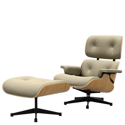 Eames Lounge Chair & Ottoman, Châtaignier naturel, Cuir Premium F sable, 89 cm, Aluminium poli, côtés noirs