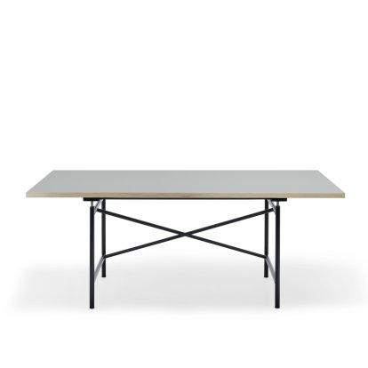 Table Eiermann 1 M (réglage mécanique de la hauteur), Linoleum gris cendré (Forbo 4132) avec bords en chêne, 180 x 90 cm, Noir