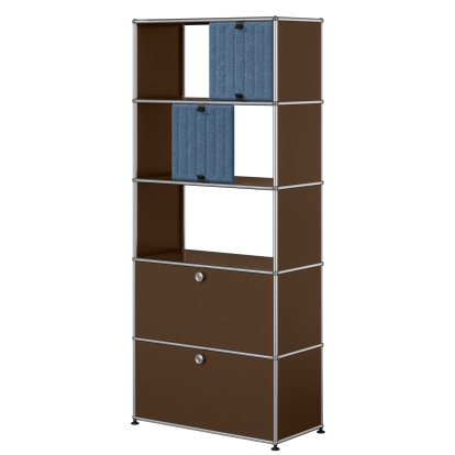 Étagère USM Haller, 2 abattants sans paroi arrière, avec 2 Soft Panels, verticale, Marron USM, Bleu / Bleu clair