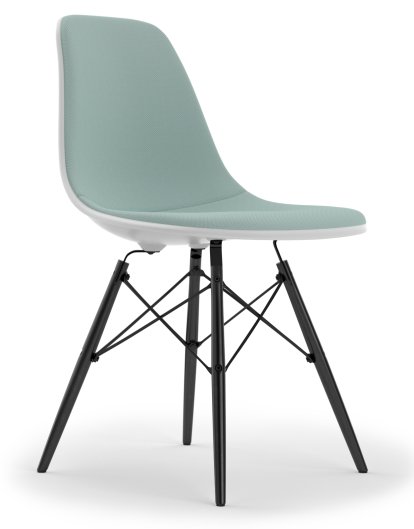 Eames Plastic Side Chair DSW, Coton blanc, Rembourrage intégral, Bleu glacier / ivoire, Version standard - 43 cm, Érable noir