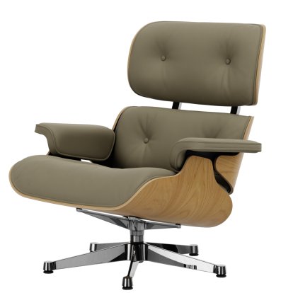 Eames Lounge Chair, Châtaignier naturel, Cuir Premium F sable, 84 cm - Hauteur originale de 1956, Aluminium poli