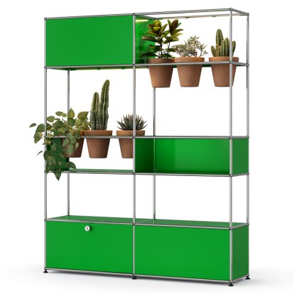 Étagère de séparation USM Haller E plantes, Vert USM, Terre cuite, Éclairage LED blanc chaud