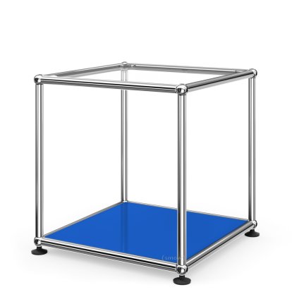 Table d'appoint 35 USM Haller, Panneau supérieur en verre, panneau inférieur en métal, Bleu gentiane RAL 5010