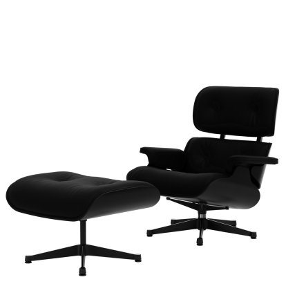 Eames Lounge Chair & Ottoman, Châtaignier noir, Cuir Premium F nero, 84 cm - Hauteur originale de 1956, Aluminium poli, côtés noirs