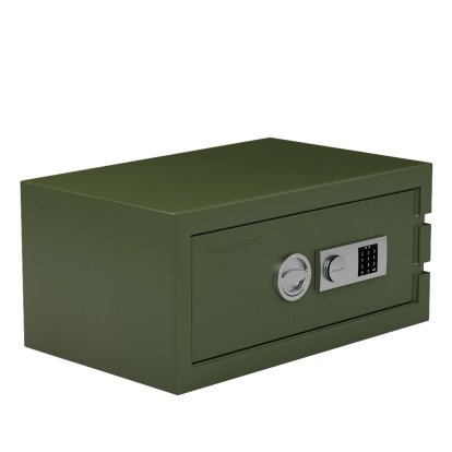 Coffre-fort Balzsafe Connect pour étagères USM Haller, 75 cm x 35 cm x 50 cm, Vert olive RAL 6003, Serrure électronique à combinaison avec clé de réinitialisation
